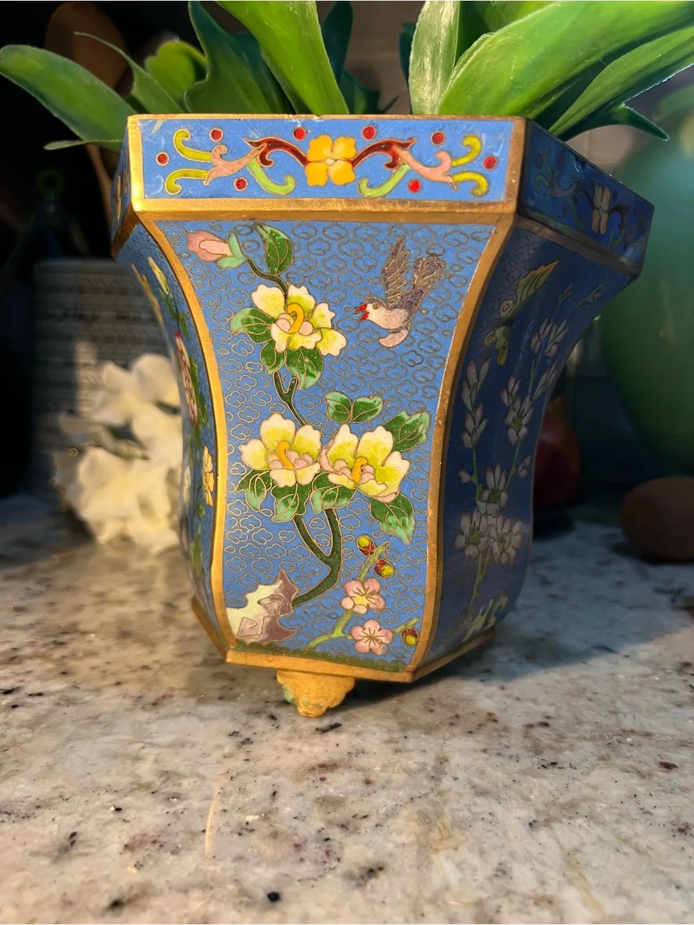 Blue Floral Cloisonné Decorative Planter read below
